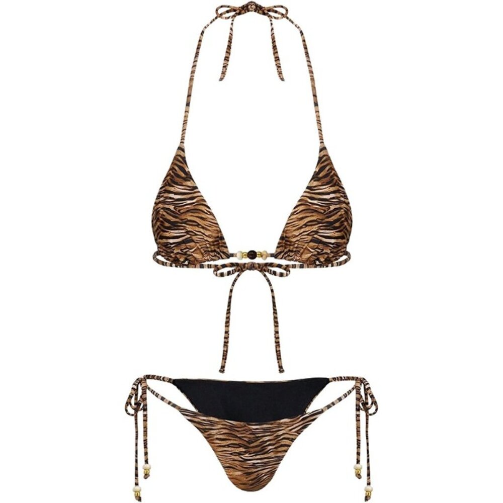 RoseSeek 2 Pieces Gold Zebra Striped Cheeky Bikini Halter Y2K Swimsuit MEDIUM